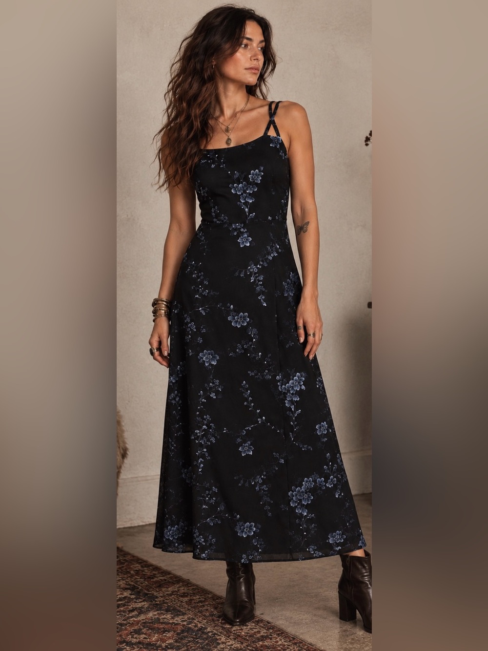 Vintage B. Moss Black Blue Floral Maxi Dress Whimsigoth Goth 90s Petite